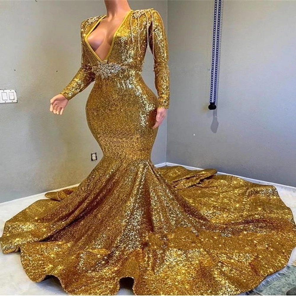 

Deep V Neck Mermaid Gold Prom Dresses 2019 Sparkling Sequined Long Sleeves Party Dresses Evening Gowns, Custom made