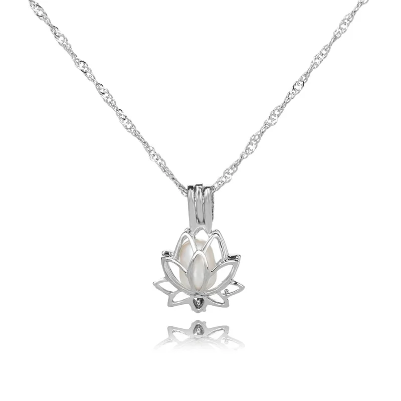 

Lotus Freshwater Rice Pearl Cage Locket Pendant Necklace Jewelry For Women, Sliver