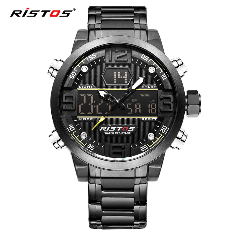 

RISTOS 9338 men Digital+Quart Watch Fashion Luxury Brand Stainless Steel Water Resistant 3ATM Watches, 4 color for choice