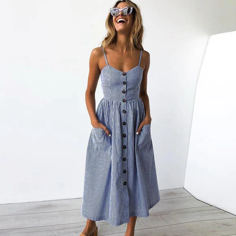 

17 Color New Boho Style Spaghetti Long Dresses Button Decorated Print Dress Women Off-Shoulder Party Beach Sundress, 17 colors