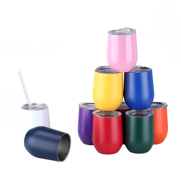 

Amazon hot selling 10oz metal cups straw double wall stemless stainless steel wholesale insulated egg wine tumbler with lid, Customized color.