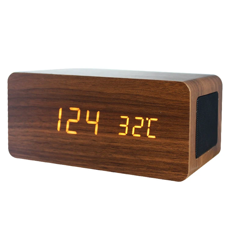2019 New Design 4.2 Bluetooth Speaker Wooden LED Alarm Clock With Wireless Phone Charger