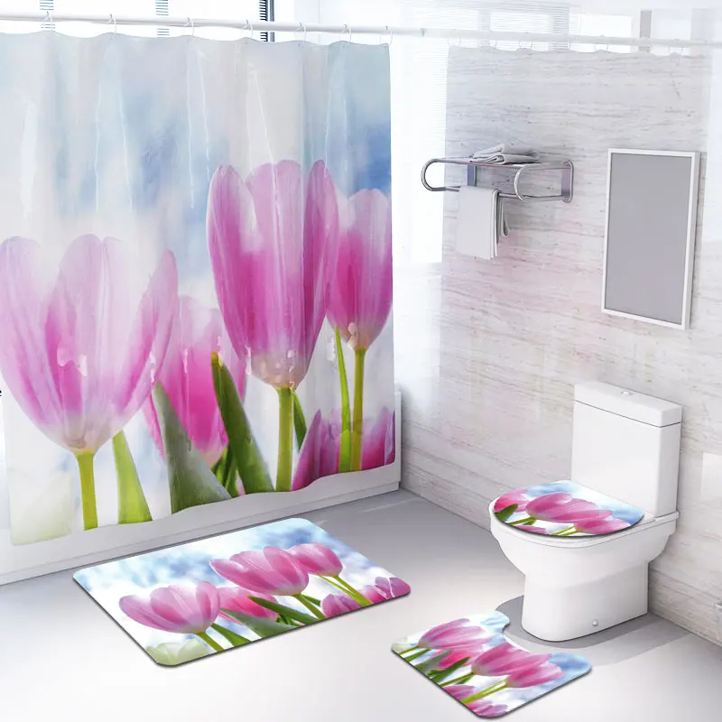 Flower Anti Slip Bathroom Rug 4 Piece Set Custom print Shower curtain