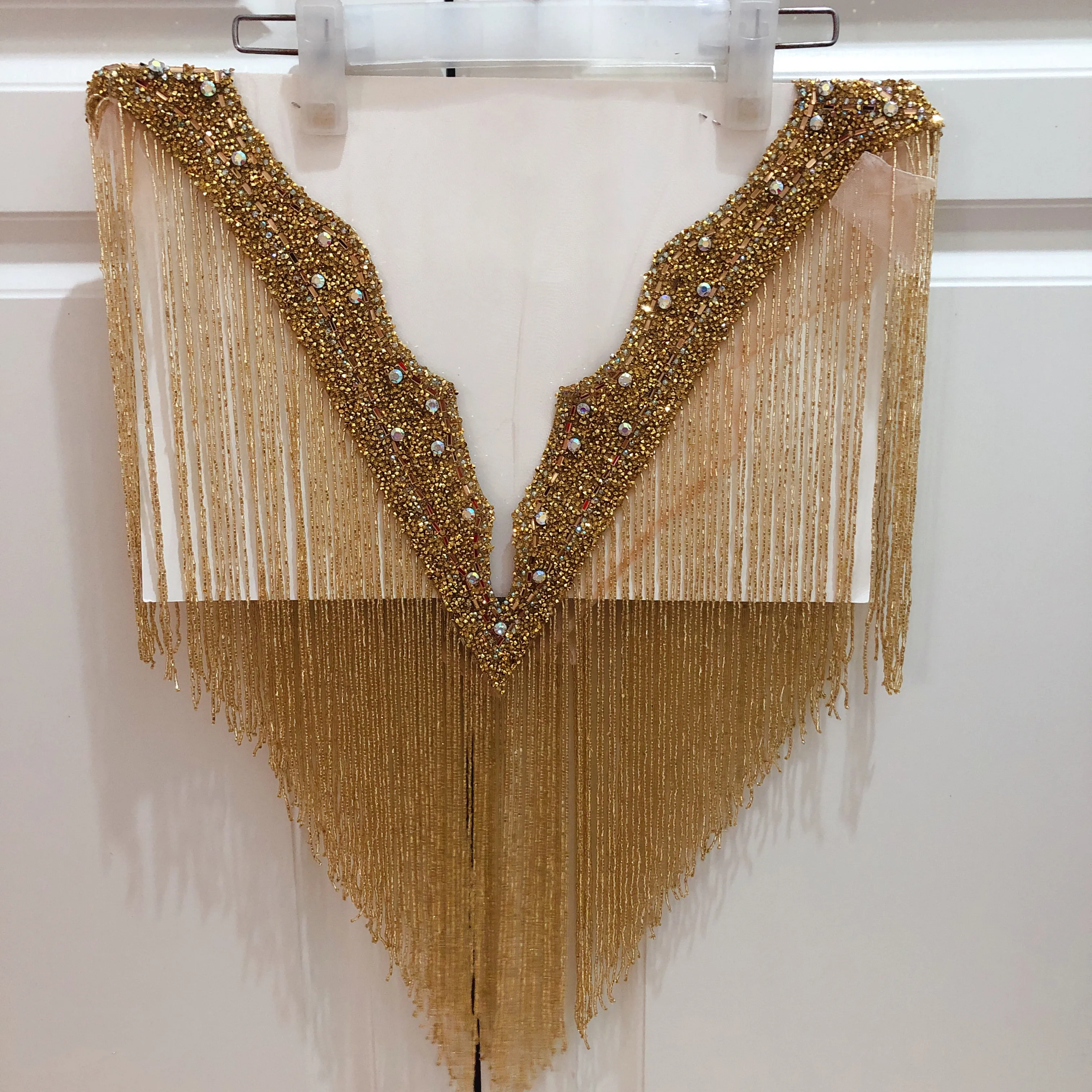 

Double side Gold crystal beaded neckline collar with fringe tassels appliques many color Deep-V neckline