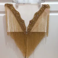 

Double side Gold crystal beaded neckline collar with fringe tassels appliques many color Deep-V neckline
