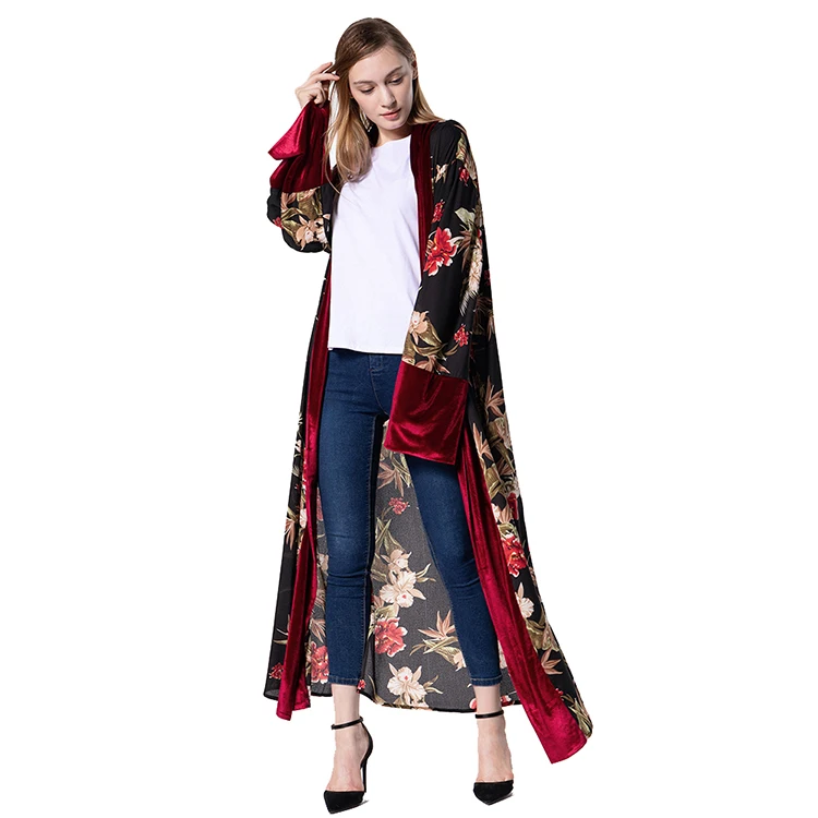 

2018 islamic clothing muslim black velvet floral open latest abaya designs