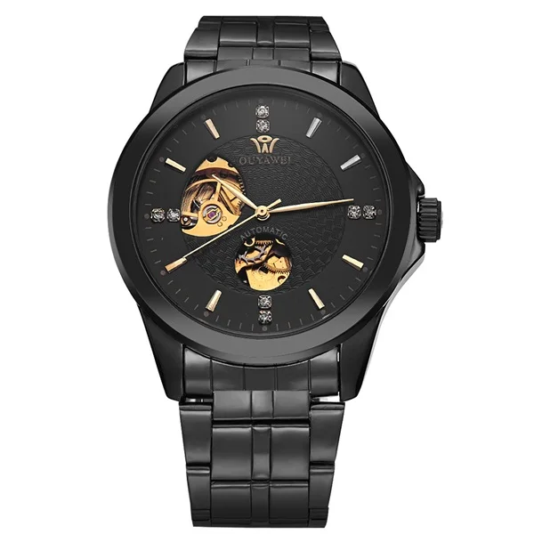 

OUYAWEI 1415 All Black Stainless Steel Self Wind Movement Man Business Skeleton Automatic Mechanical Watch