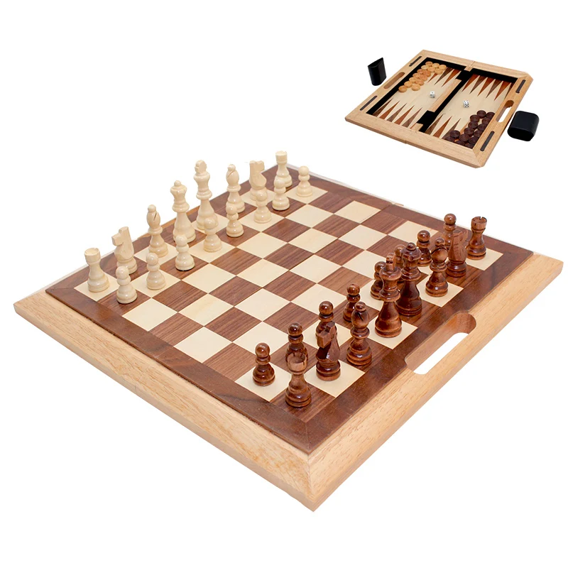 

3 in 1 wooden chess checkers backgammon folding board game