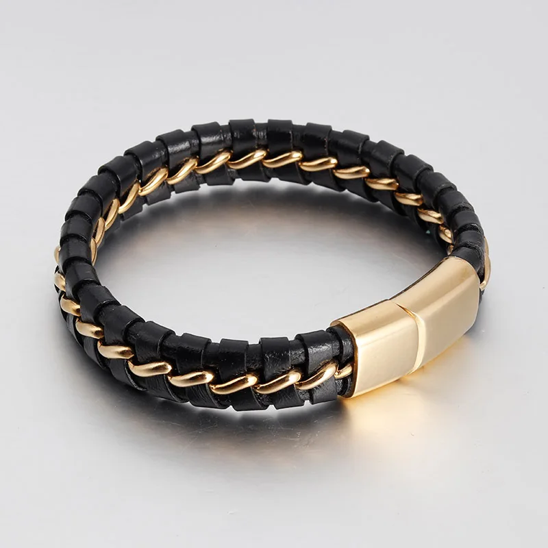 

Gold color stainless steel chain black leather combine bracelet