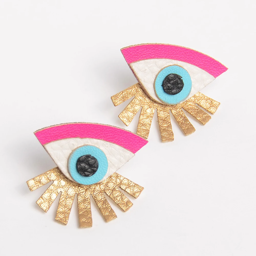 Gold earrings 2018 fashion new design handmade leather stud eye statement earrings for woman jewelry