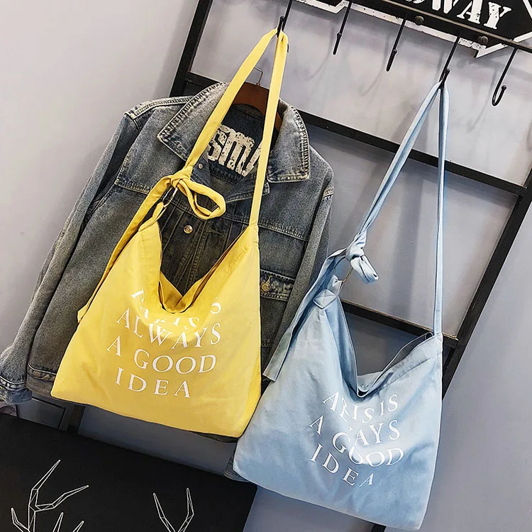 

Wholesale reusable long strap women canvas cotton shoulder shopping tote bag, Yellow/blackn/blue or customized