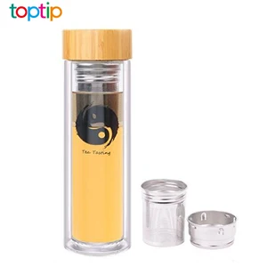 Image of Double Wall Tea Infuser Glass Water Bottle with Bamboo Cover