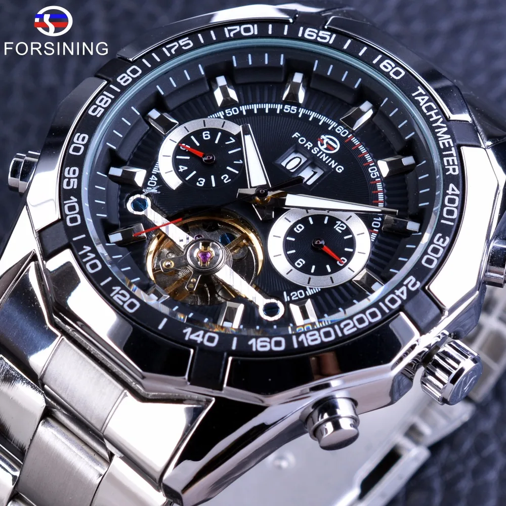 

Forsining Watch Luxury Automatic Military WristWatch Tourbillion Watch Calendar Display Silver Stainless Steel Watches Men Wrist, 1-color