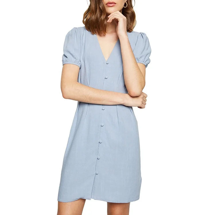 Baju Wanita Desain Modis Cantik Tombol Teh Biru Pas Dan Suar Kain Viscose Campuran Puff Lengan Pendek Gaun Mini Buy Lengan Pendek Gaun Linen Gaun Tombol Up Gaun Product On Alibaba Com
