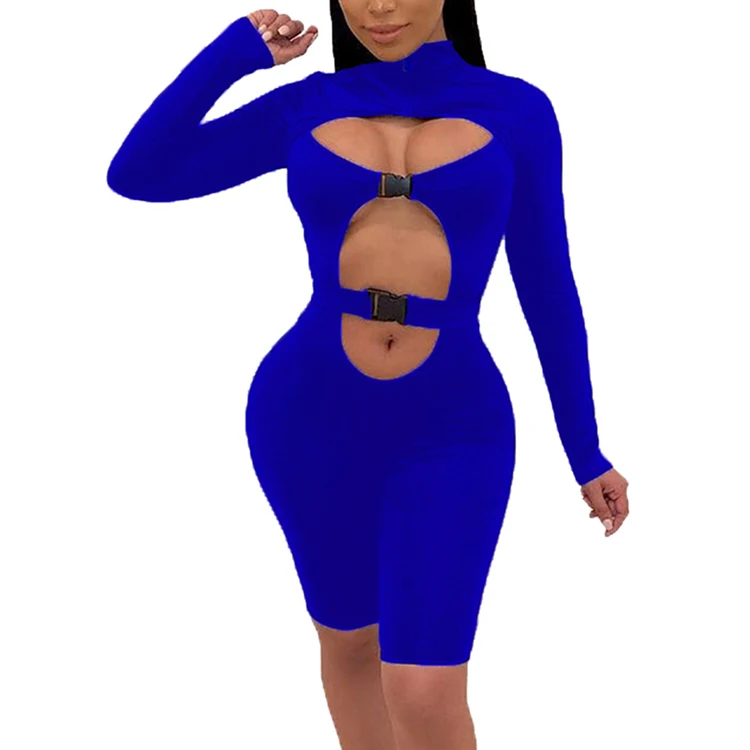 

Fairy Dark Blue Zipper Closure Hollow Out Women Sexy One Piece Jumpsuits