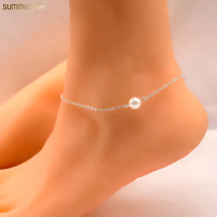 

Fashion Design Summer Beach Simple Gold Silver Chain Pearl Barefoot Leg Anklet Foot Jewelry for Women Men Holiday Gifts, Colorful