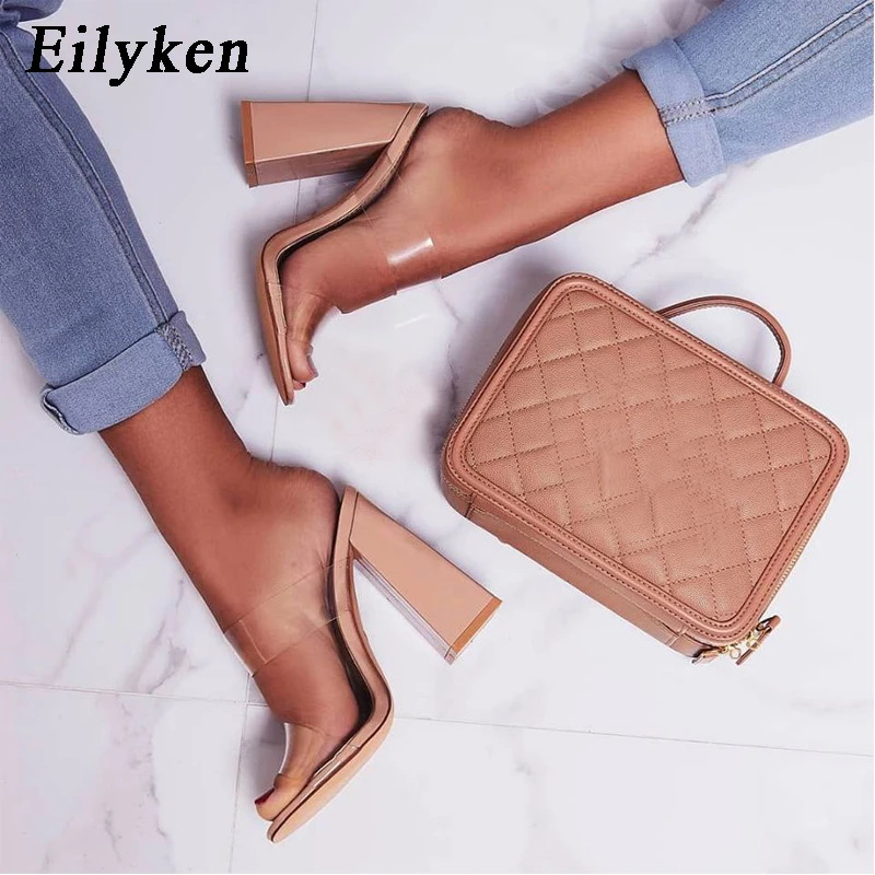 

Eilyken 2021 Summer Square High Heels Mules Women Slippers PVC Transparent Slides Casual Slippers Shoes size 35-42
