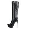 Hot Sale Bulk Wholesale Metal Decoration Thin High Heel PU Leather Sexy Ladies Platform Black Long Boots 2019