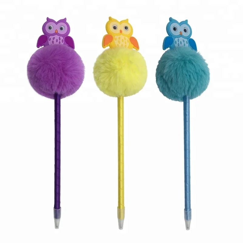 Korea Stationery Owl Design Pom Pom Fluffy Ball Pen For Girl - Buy Pom ...