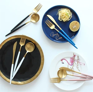 Image of Portuguese Matte Gold Head Black White Blue Pink Red Brown Flatware set, Gold Thin Handle Cutlery Dinner Sets
