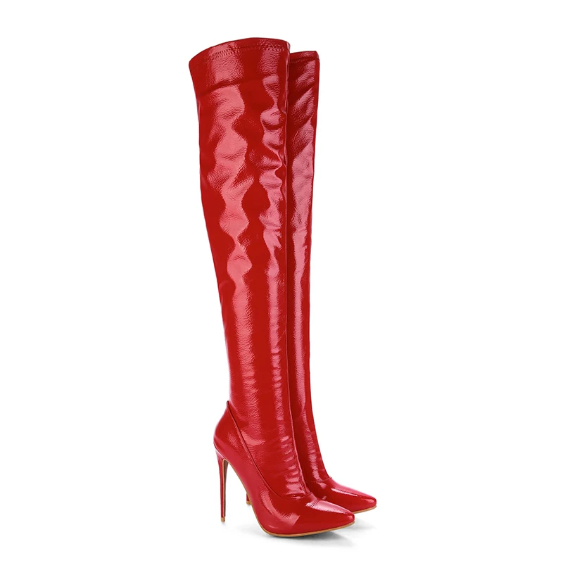 

WETKISS OEM Shoes Big Size Ladies Winter Boots High Stiletto Heels Latex Fetish Boots Fashion Women Over Knee Thigh High Boots, Black, red, white