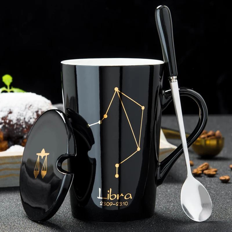 

12 Constellations Creative Ceramic Mugs with Spoon Lid Black and Gold Porcelain Zodiac Milk Coffee Cup, Black/white