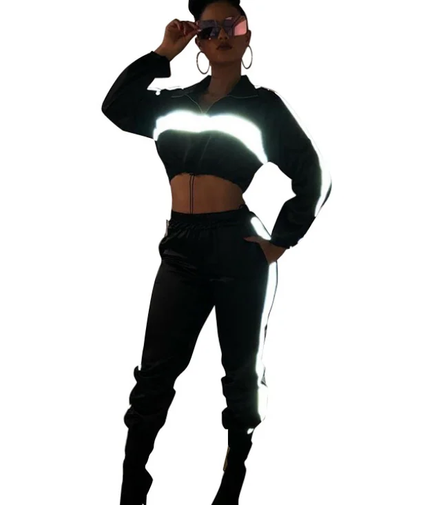 

Hot Sale New Style Ladies Gym Fitness 2 Piece Outfit Reflective Long Jumpsuit Pants Set, Black