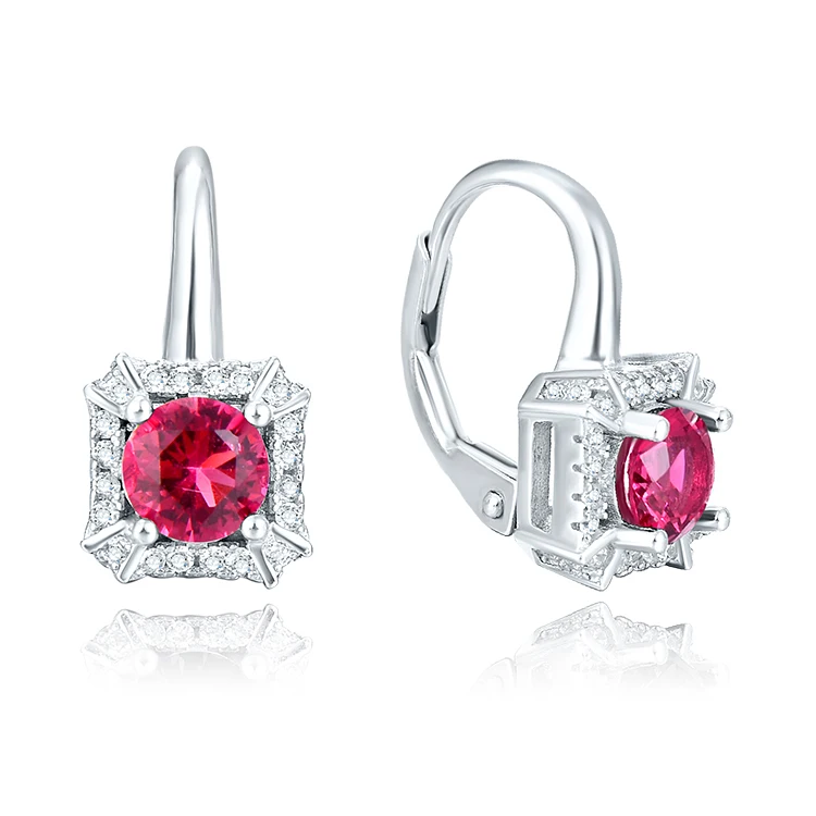 

POLIVA Fashion Jewellery Micro Pave Diamond Square Shape Round Ruby S925 Sterling Silver Lever Back Earrings