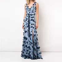 

Handmade embroidered dress sides slips blue V neck maxi evening dresses