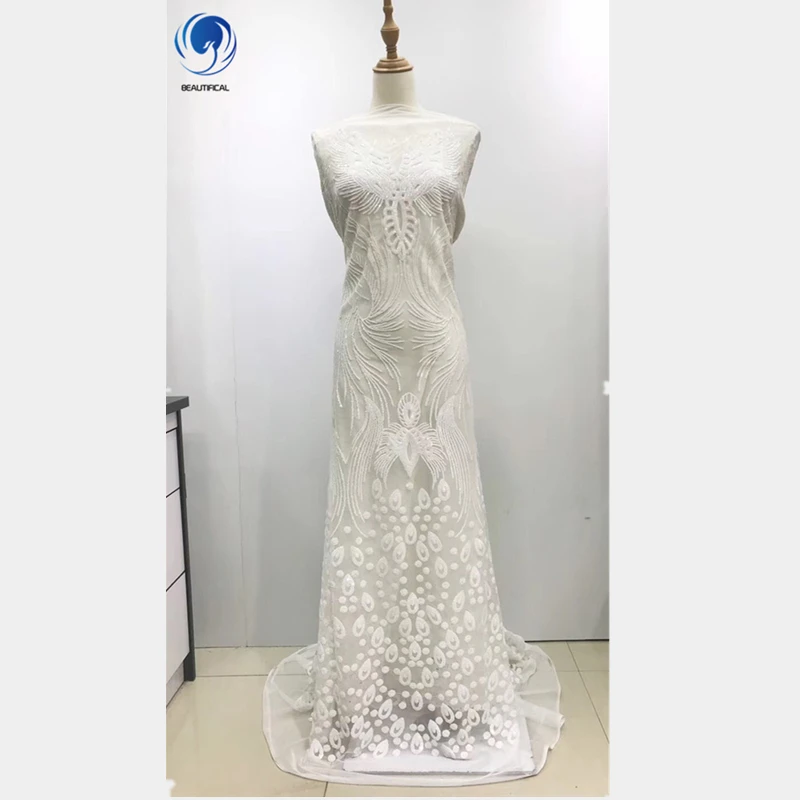 

Beautifical 2019 sequins lace white bridal french wedding fabric lace 5 yards nigerian tulle lace new arrival ML3N23, Can be customized
