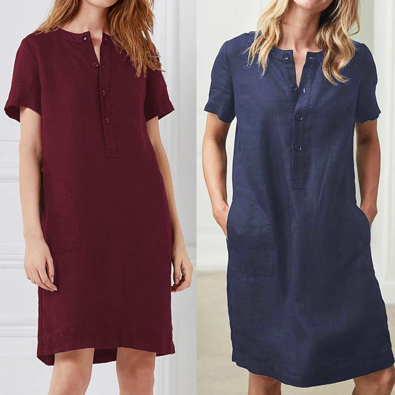 

Women's V Neck Cotton & Linen Solid Short Sleeve Loose Midi Dress