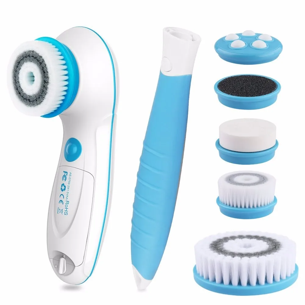 

Waterproof cordless detachable long handle shower brush,electronic rotating cleansing body bath brush with 5 attachments, Blue and white