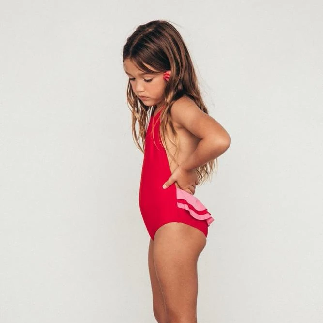 

MLY Custom girls one piece swimwear oem children red swimsuit beachwear
