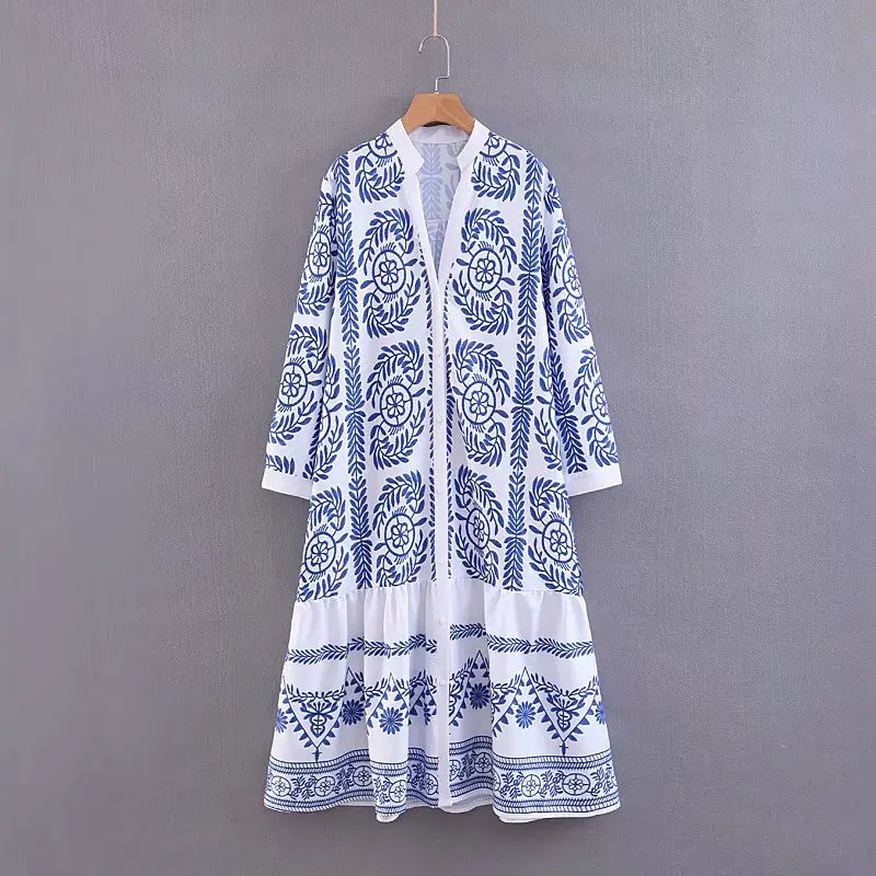 

China style blue flower printed design button up women long sleeve casual dresses