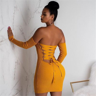 

New Women dress Tube Top Nightclub Long Sleeves Dew Backpack Sexy Dress, Yellow,red