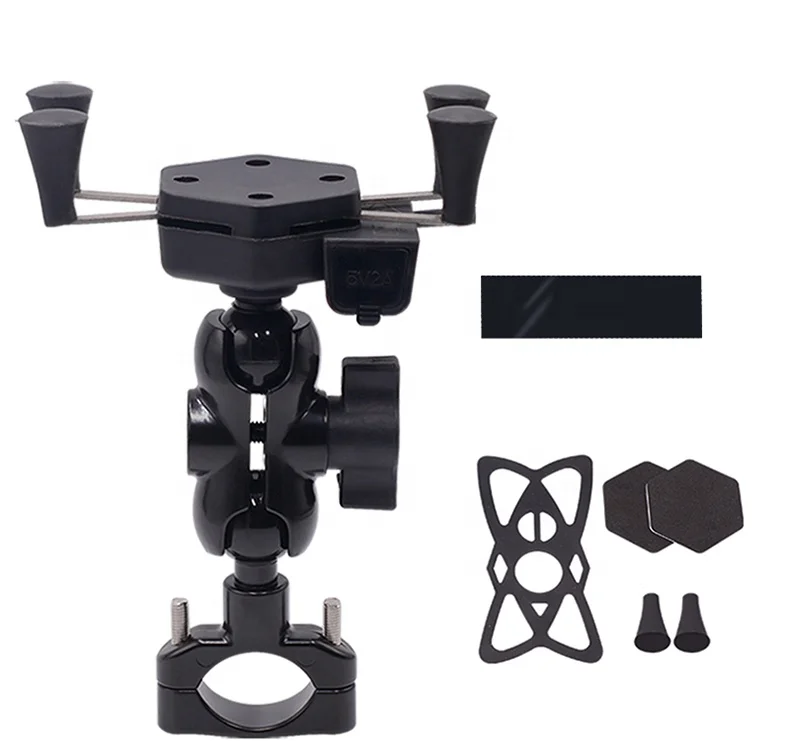

Universal and 360 rotating 3.5-6 inches motorcycle aluminum alloy mobile phone holder with 2A quick charging, Black