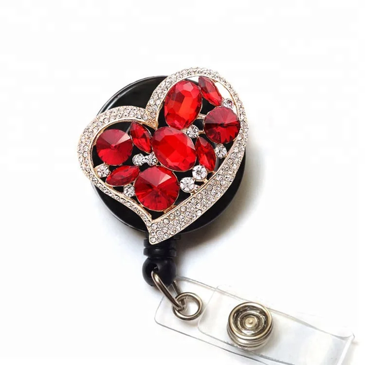 

rhinestone Nurse yoyo Red heart shape Retractable Badge holder String Reel for uniform, Many colors, as your requests