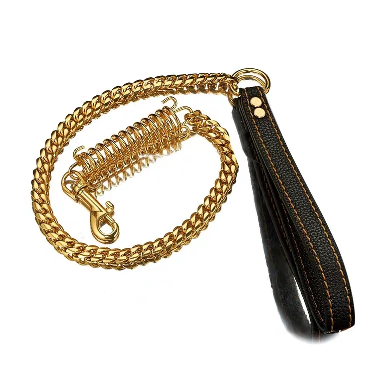 

Professional Custom Gold Dog Chains Snap Hook Leather Dog Leash