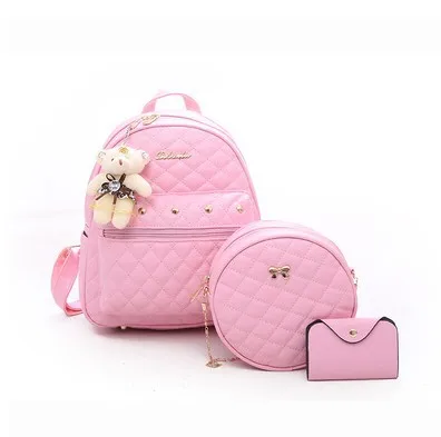 

Women PU Leather Bags Backpack for Girls Schoolbag Casual Daypack Backpack 4 pcs set With Bear, Black grey bule pink