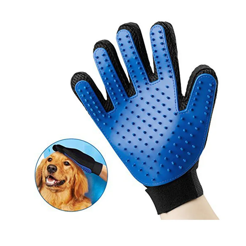 

2019 Hot Selling Amazon Pet Grooming Deshedding Brush Five Fingers Silicone Glove Dog Cat Hair Cleaning Glove for Dog Massage, Blue add black