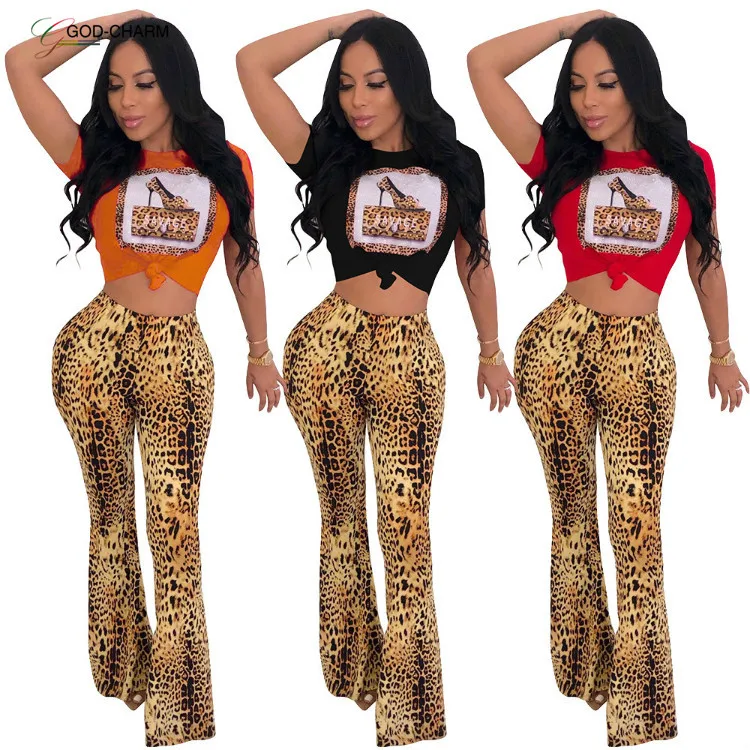 

GC-66862317 Wh Leopard Print Fashion Beaded Shirt and Bell Bottoms Two Pieces Set Women Clothing Ladies 2 Piece Outfits