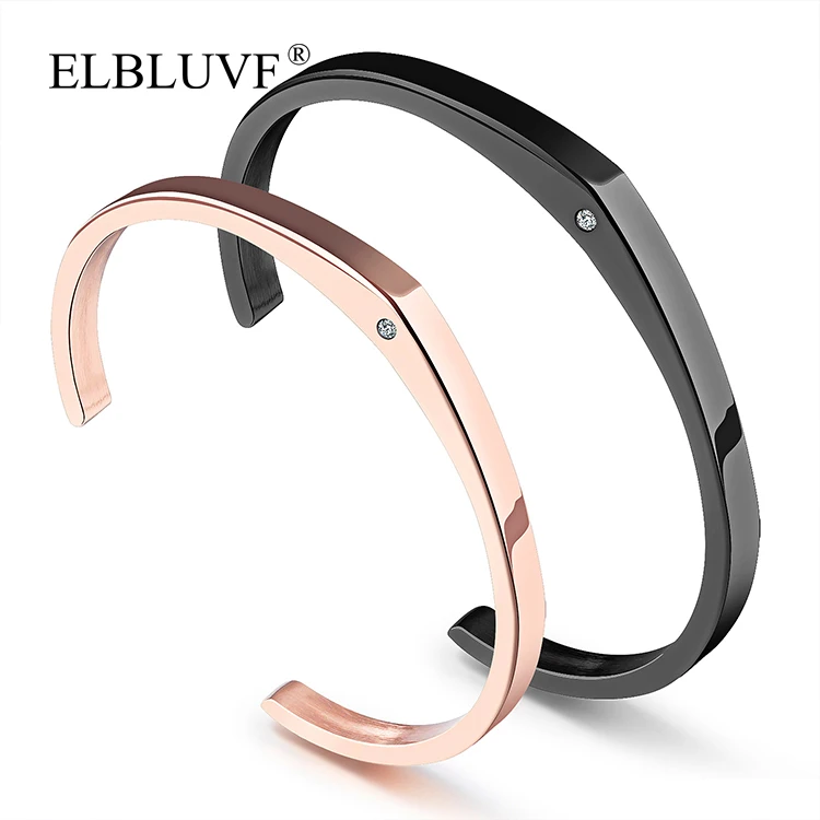 

ELBLUVF Free Shipping Stainless Steel Fashion Jewelry Simple Zircon Openning Bracelet For Couple, Rose gold , steel color