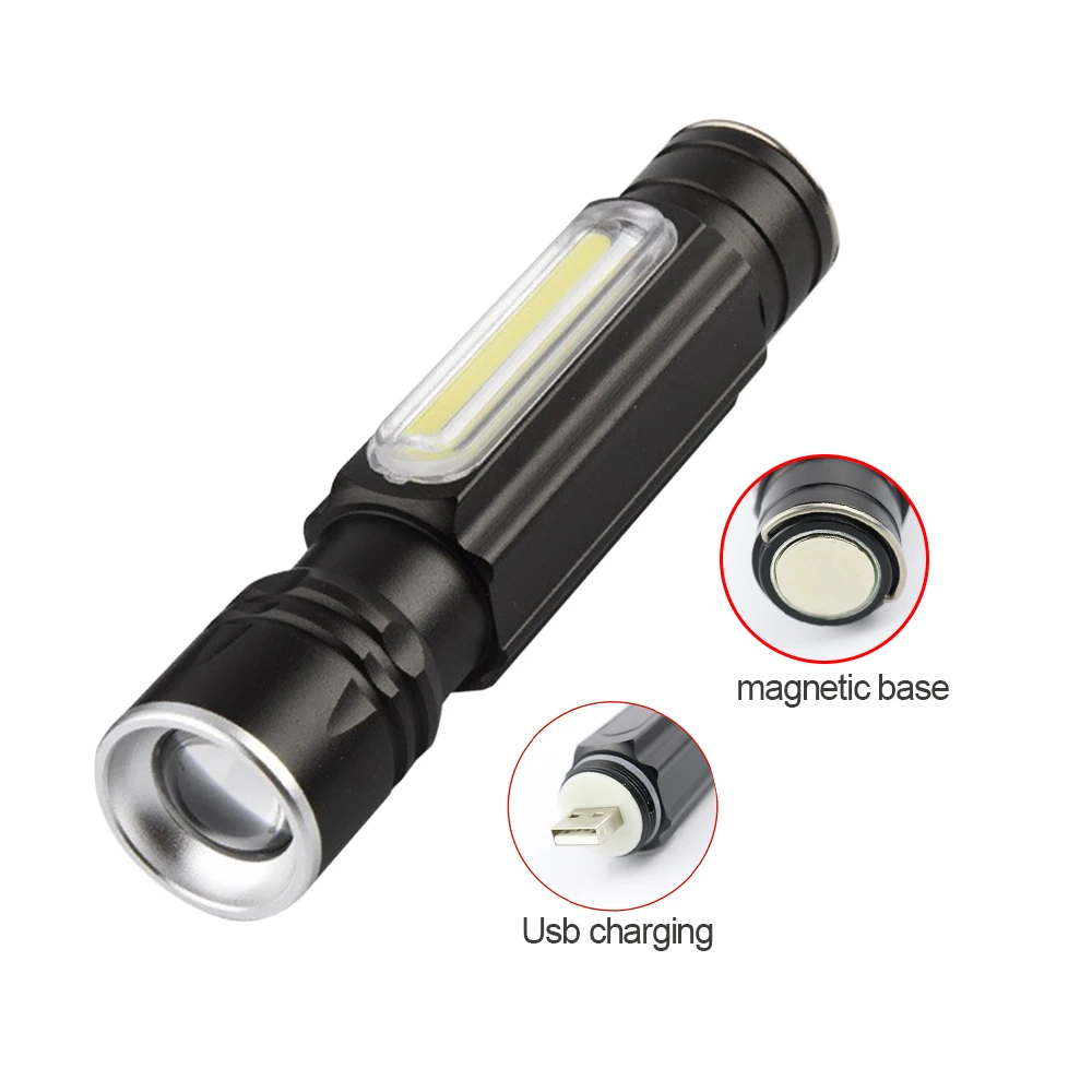 Outdoor Aluminum USB Rechargeable Zoom COB Magnet Flashlight details