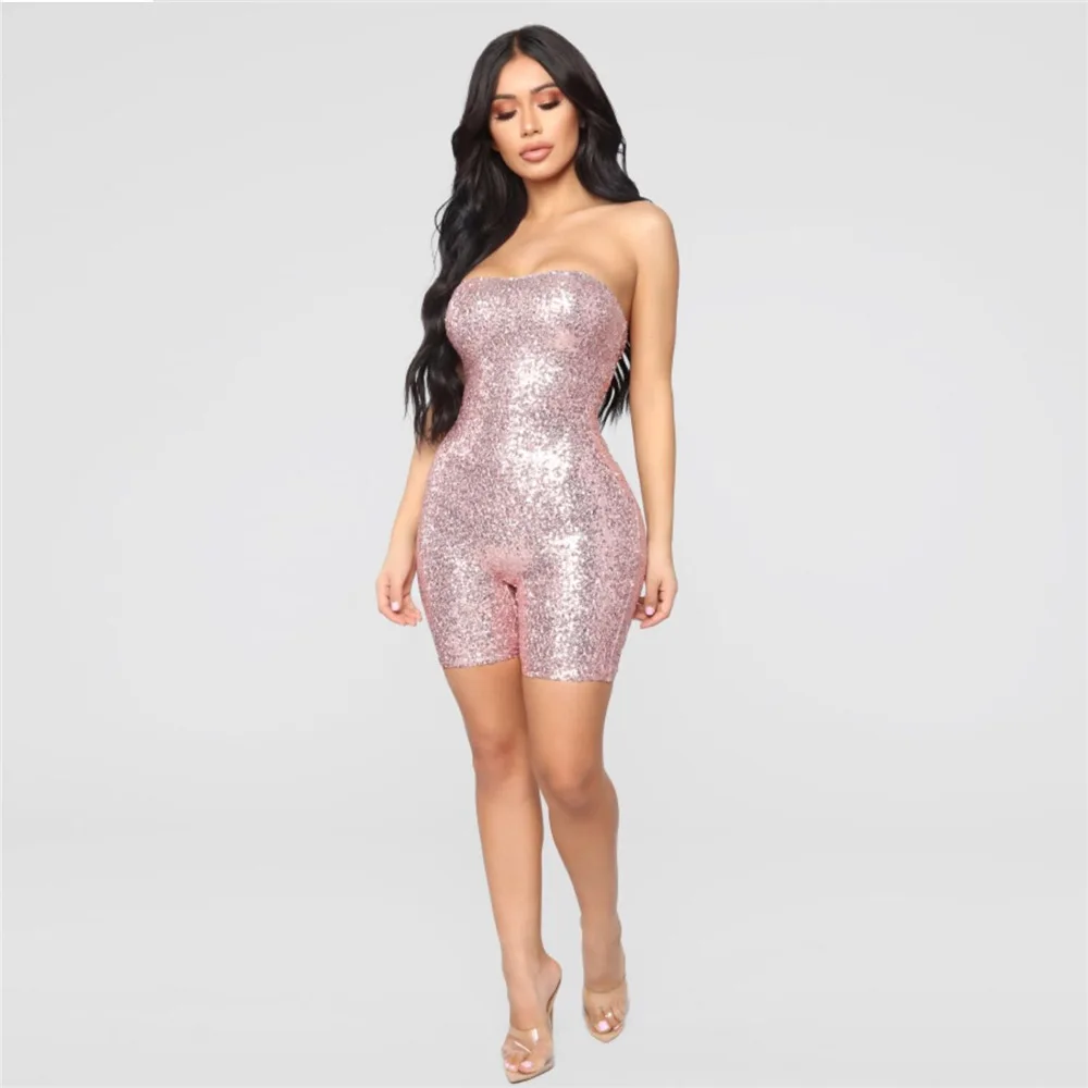 

YSMARKET Strapless Sequined Bodycon Playsuits Club Sexy Rompers Womens Jumpsuit Off Shoulder Party Bodysuit YX4904