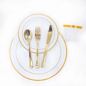 Image of 2019 Amazon Hot Sale New Product Christmas Party Disposable 9 OZ Cups Rose Gold Edge Plastic Plates Fork Spoons Food Container