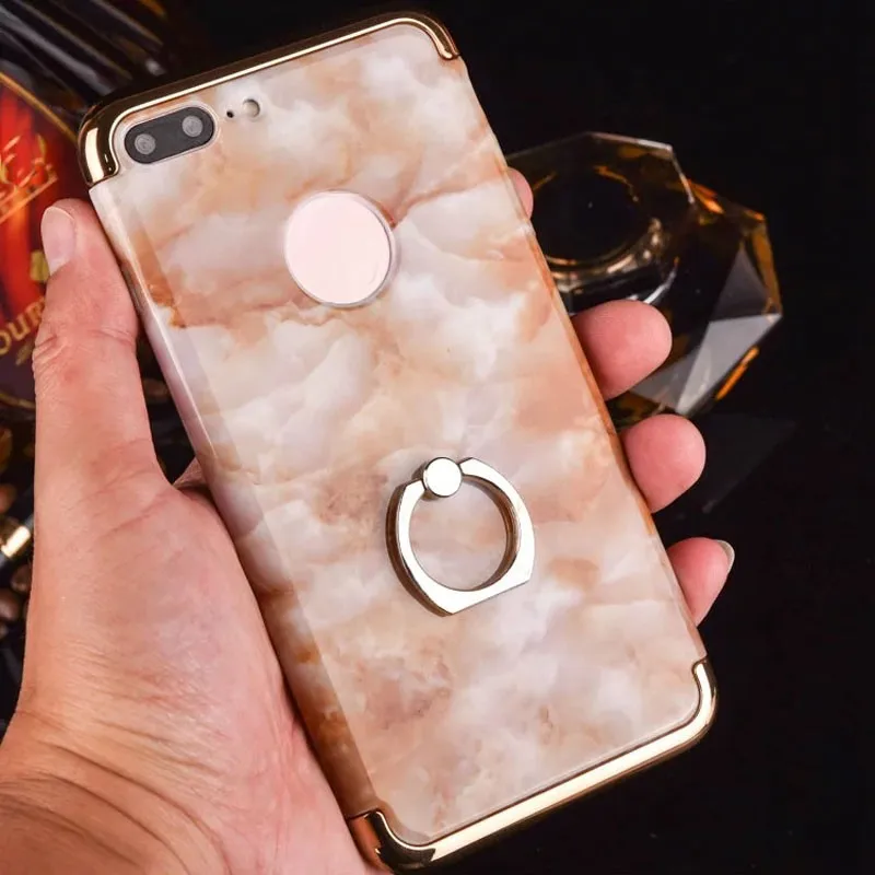 

For iphone 7 Marble Pattern Ring stand 3 in 1 style Electroplating Bumper Plastic Hard back case for iPhone 7 plus