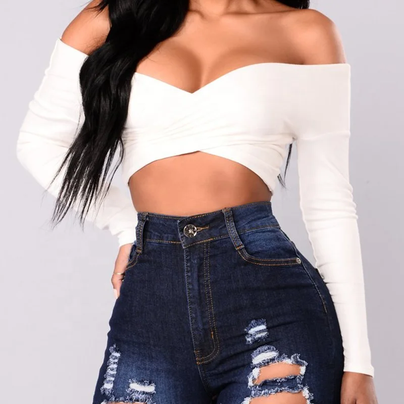 

Wholesale 2019 newest Design Off Shoulder Crop Top Clothes For Women, White