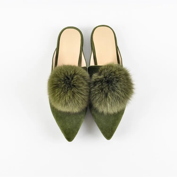

Women Genuine Leather Fur Ornament Pointed Toe Mules Low Square Heels Pumps Shoes Woman Slingbacks Ladies, Black green khaki