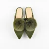 Women Genuine Leather Fur Ornament Pointed Toe Mules Low Square Heels Pumps Shoes Woman Slingbacks Ladies