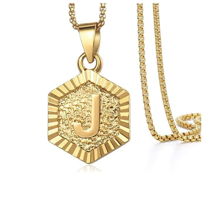 

Charm Jewelry Gold Plated Letter Pendant Box Link Necklace Initial Capital Letter Hexagon Necklace for Men Women